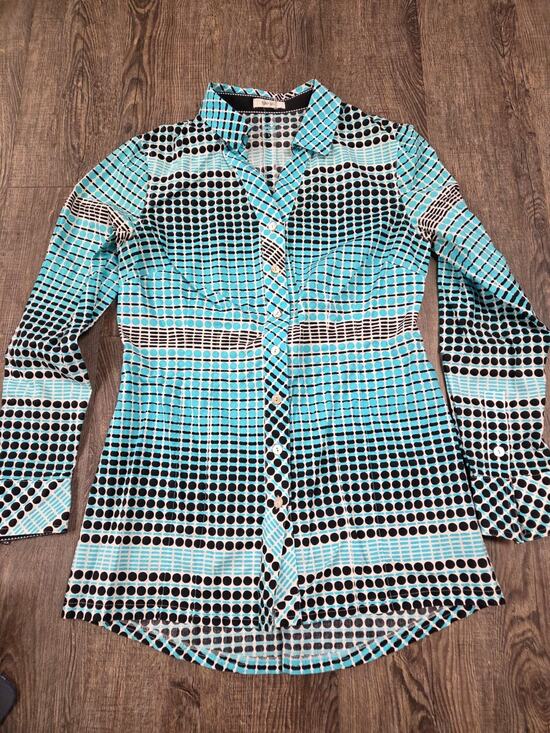 Tyler Boe Tops - Tyler Boe Women's Fitted Button Long Sleeve Shirt Teal Black White Size Small